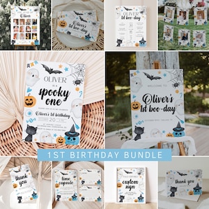 Spooky One First Birthday Invitation Bundle, Halloween 1st Birthday Invitation Template, Boy Blue Ghost 1st Birthday Decorations | BLUE