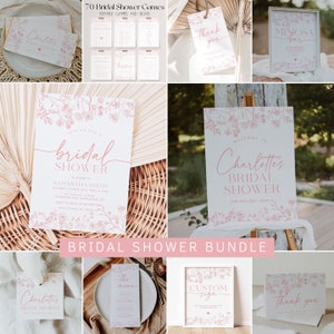 Dusty Pink Bridal Shower Invitation Bundle, Pink Floral Bridal Shower Invitation and Games Bundle, Chinoiserie Bridal Shower Games | LIA