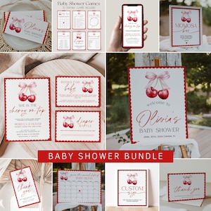Cherry Baby Shower Bundle-Vorlage, Cherry on Top Babyparty-Einladungspaket, Rosa Schleife-Babyparty-Dekorationen, Coquette Shower | KIRSCHE