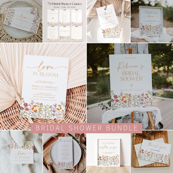 Lot d'invitations nuptiales pour la douche fleurs sauvages, lot d'invitations pour la fête nuptiale et jeux Amour en fleurs, jeux pour la fête nuptiale de printemps | JULIE