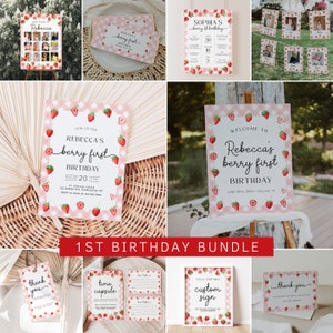 Pacchetto di inviti per il primo compleanno a tema Berry, modello di invito per il primo compleanno a tema Fragola, decorazioni per il compleanno a tema Berry, primo compleanno per bambina / BERRY