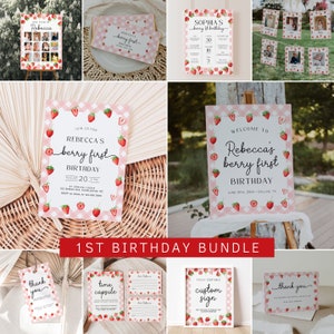 Berry First Birthday Invitation Bundle, Strawberry 1st Birthday Invitation Template, Berry Birthday Decorations, 1st Birthday Girl | BERRY