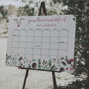 Christmas Guess the Due Date Calendar Sign Template, Winter Baby Due Date Sign, Guess the Birthday Baby Shower Game, Baby Birth Date | NOEL