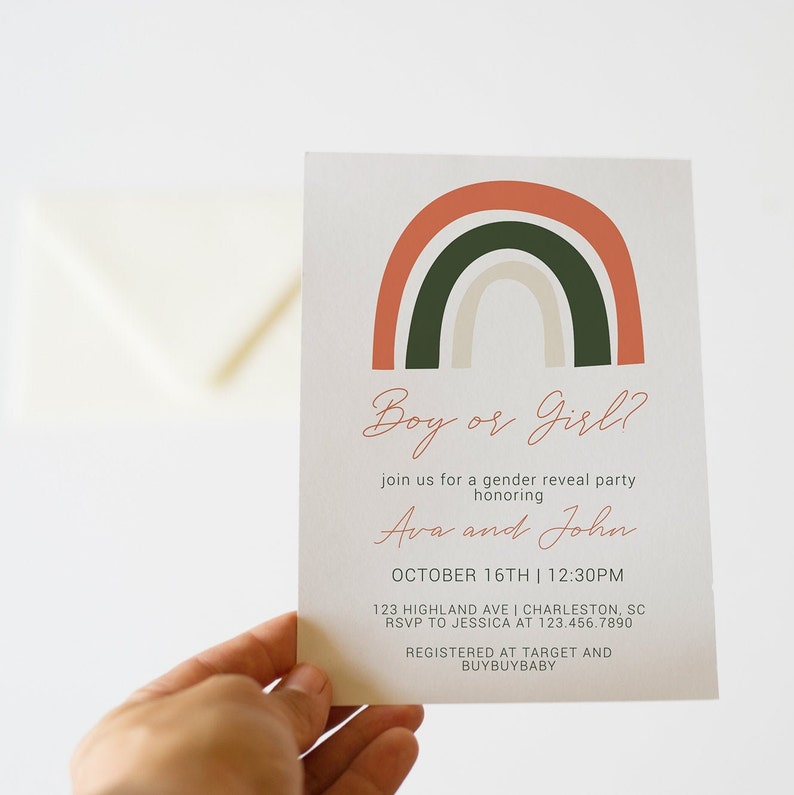 Rainbow Gender Reveal Invitation Template Girl or Boy Etsy