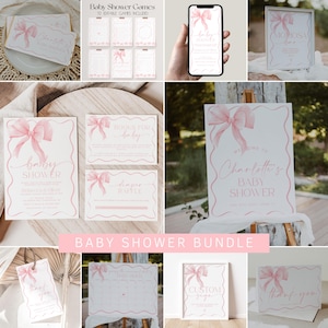 Pink Bow Baby Shower Bundle Template, Pink Coquette Baby Shower Invitation Bundle, Pastel Pink Baby Shower Decorations, Bow Baby Shower |BOW