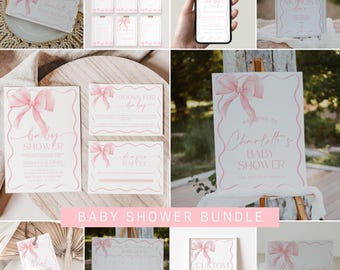Pink Bow Baby Shower Bundle Template, Pink Coquette Baby Shower Invitation Bundle, Pastel Pink Baby Shower Decorations, Bow Baby Shower |BOW