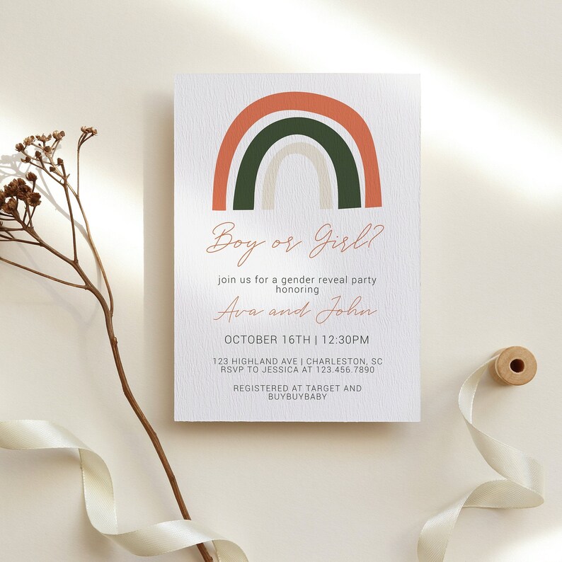 Rainbow Gender Reveal Invitation Template Girl or Boy Etsy