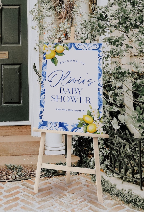 Mediterranean Lemon Baby Shower Welcome Sign, Italian Blue Tiles Baby Shower Welcome Poster, Citrus Baby Shower Sign | GIA