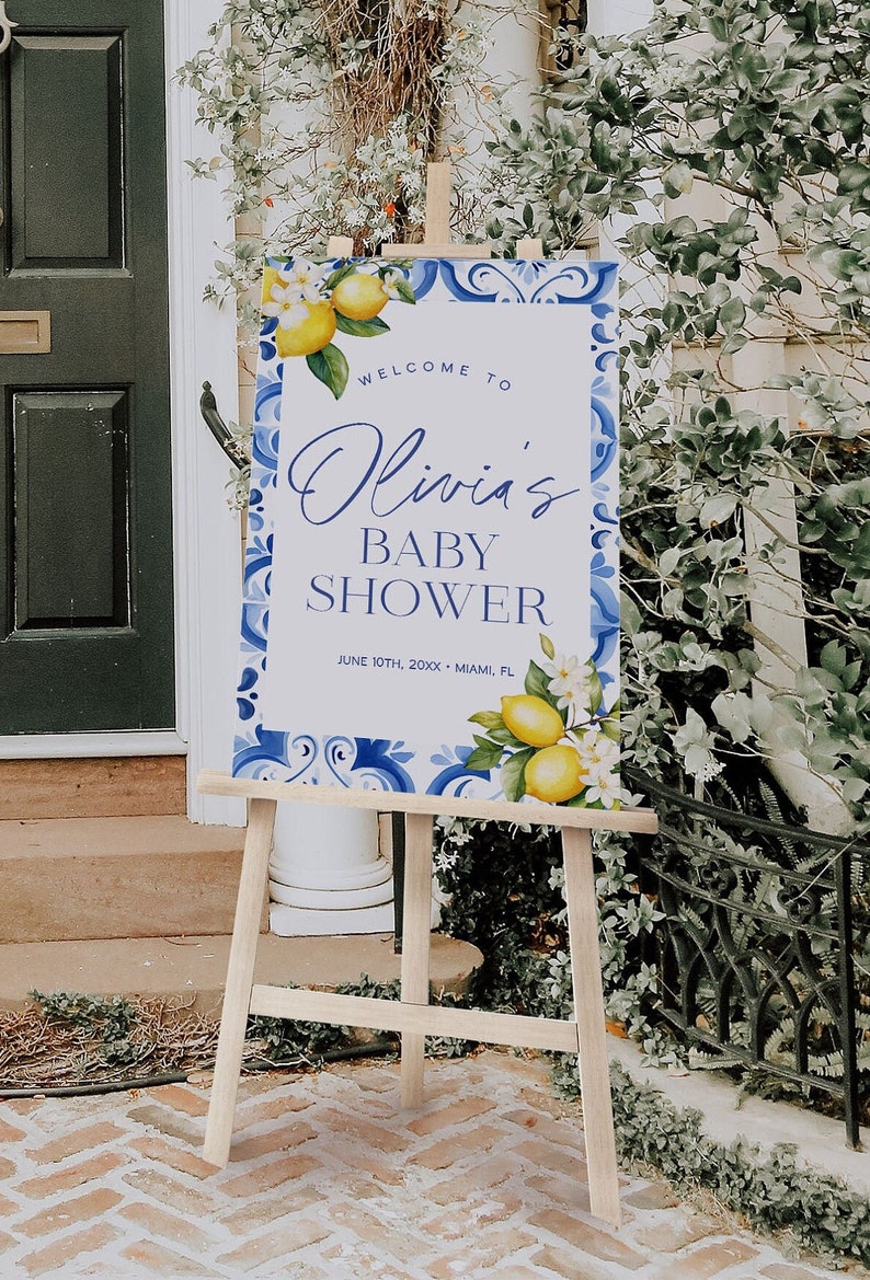 Signo de bienvenida de baby shower de limón mediterráneo, cartel de bienvenida de baby shower de azulejos azules italianos, signo de baby shower de cítricos / GIA imagen 1