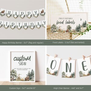May include: A set of printable woodland-themed party decorations for a first birthday. The set includes a banner that says "Happy Birthday", a custom sign that says "custom sign", food labels that say "food labels", and a high chair banner that says "one".
