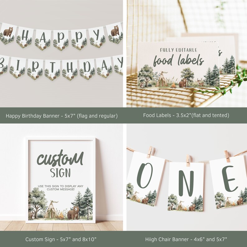 May include: A set of printable woodland-themed party decorations for a first birthday. The set includes a banner that says "Happy Birthday", a custom sign that says "custom sign", food labels that say "food labels", and a high chair banner that says "one".