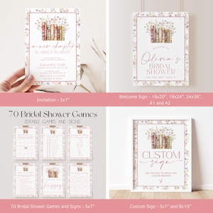 May include: A selection of printable bridal shower stationery, including invitations, welcome signs, game cards, and a custom sign. The designs feature a floral border with books and butterflies, in shades of pink and cream.