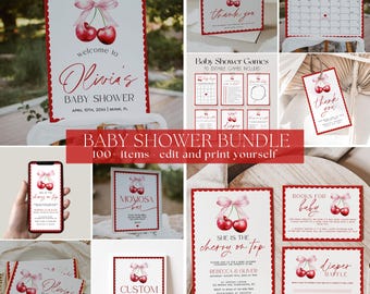 Cherry Baby Shower Bundle Template, Cherry on Top Baby Shower Invitation Bundle, Pink Bow Baby Shower Decorations, Coquette Shower | CHERRY