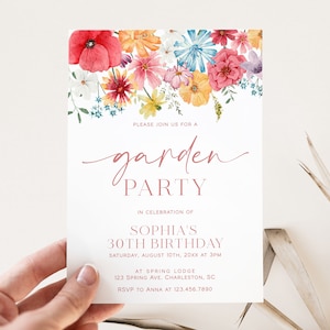 Modèle d'invitation de fête de jardin, invitation de fête d'anniversaire florale de printemps, anniversaire de jardin de fleurs sauvages, anniversaire de fille, invitation modifiable | SOFIA