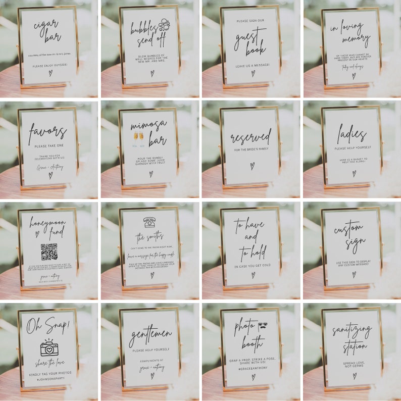 May include: A set of 16 gold-framed signs with white backgrounds and black text. The signs feature various wedding-related themes, such as "cigar bar", "bubbles send off", "guest book", "in loving memory", "favors", "mimosa bar", "reserved", "ladies", "honeymoon fund", "the smilers", "to have and to hold", "custom sign", "oh snap", "gentlemen", "photo booth", and "sanitizing station".