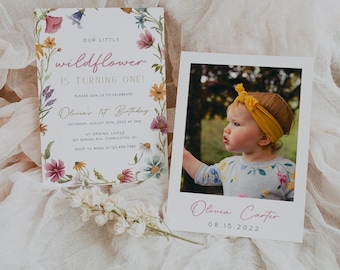 May include: A first birthday invitation card featuring colorful wildflower illustrations and text reading Our Little Wildflower Is Turning One, alongside a photo card of a child wearing a yellow headband with the name Olivia Carter and 08.15.2022.
