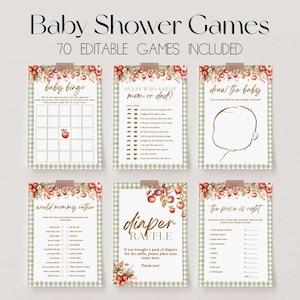 May include: A set of six printable baby shower game cards featuring a green gingham border and watercolor apple illustrations. The cards include titles like Baby Bingo, Guess Who Said It, Draw the Baby, Would Mommy Rather, Diaper Raffle, and The Price is Right.