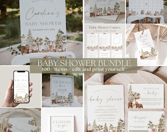 Woodland Baby Shower Bundle Template, Woodland Animals Baby Shower Invitation Bundle, Forest Baby Shower Decorations, Rustic Shower | WOOD
