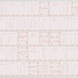 May include: A collection of fifty printable baby shower game cards featuring a light pink background with a delicate seashell and coral border. Each card contains unique text, instructions, and fill-in-the-blank sections for various activities.