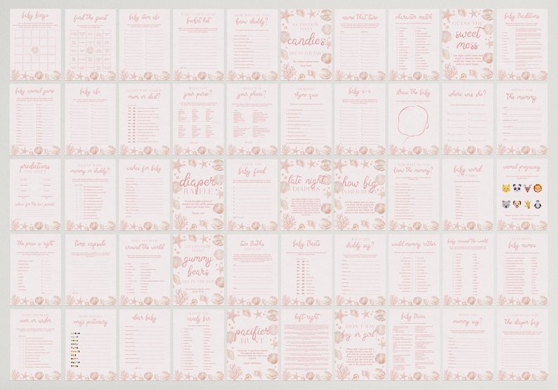 May include: A collection of fifty printable baby shower game cards featuring a light pink background with a delicate seashell and coral border. Each card contains unique text, instructions, and fill-in-the-blank sections for various activities.