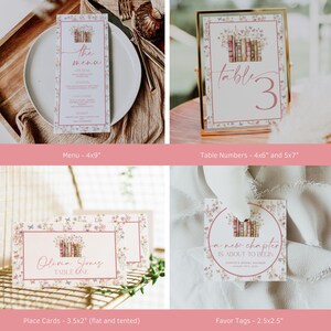 May include: Stationery set featuring a floral and book design. The set includes a menu, table number, place cards, and favor tags. The menu is 10.16 x 22.86 cm, table numbers are 10.16 x 15.24 cm and 12.7 x 17.78 cm, place cards are 8.89 x 5.08 cm, and favor tags are 6.35 x 6.35 cm.