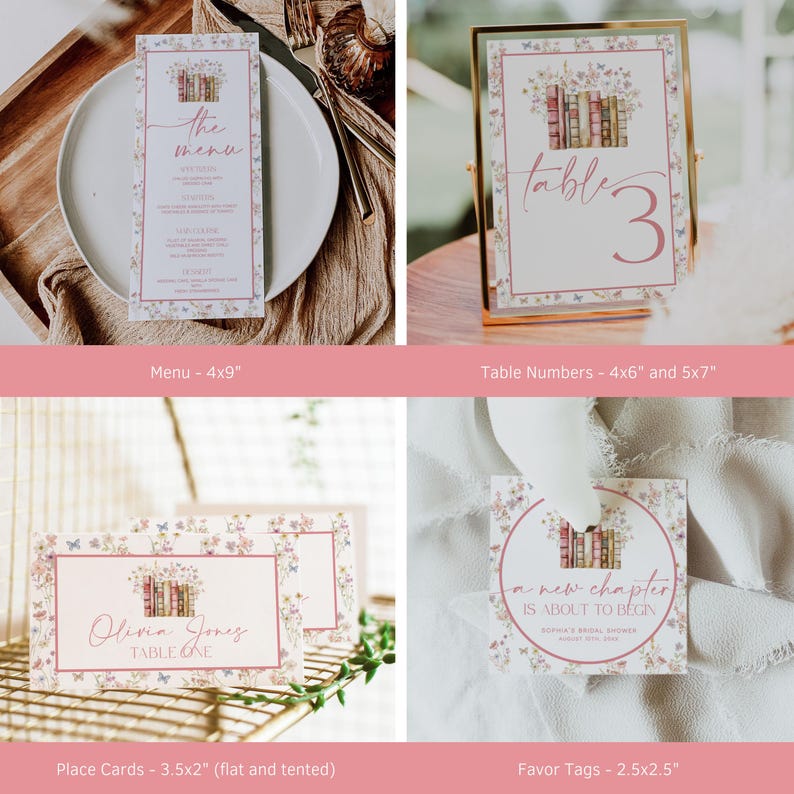 May include: Stationery set featuring a floral and book design. The set includes a menu, table number, place cards, and favor tags. The menu is 10.16 x 22.86 cm, table numbers are 10.16 x 15.24 cm and 12.7 x 17.78 cm, place cards are 8.89 x 5.08 cm, and favor tags are 6.35 x 6.35 cm.