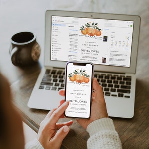 May include: A digital baby shower invitation with a watercolor illustration of oranges and the word "cute" in a handwritten font. The invitation is for Olivia Jones and is scheduled for September 10, 2023, from 12-4 PM.
