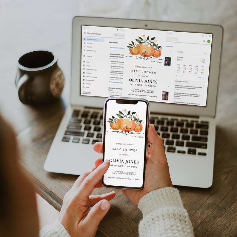 May include: A digital baby shower invitation with a watercolor illustration of oranges and the word "cute" in a handwritten font. The invitation is for Olivia Jones and is scheduled for September 10, 2023, from 12-4 PM.