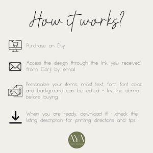 May include: A beige graphic with the text "How it works?" and instructions for purchasing and downloading a design. The steps include purchasing on Etsy, accessing the design via email, personalizing the design, and downloading it. The AYA Party Boutique logo is at the bottom.