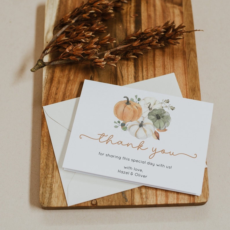 Pumpkin Thank You Cards Template, Fall Thank You Card Printable, Autumn Shower Thank You, Rustic Baby Shower Thank You Cards Editable HAZEL image 1