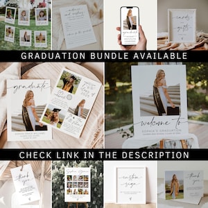 May include: A graduation party printable bundle with a variety of signs, cards, and photo templates. The signs include a welcome sign, a custom sign, and a thank you sign. The cards include a thank you card and a card for cards and gifts. The photo templates include a photo collage and a photo template for a graduate.