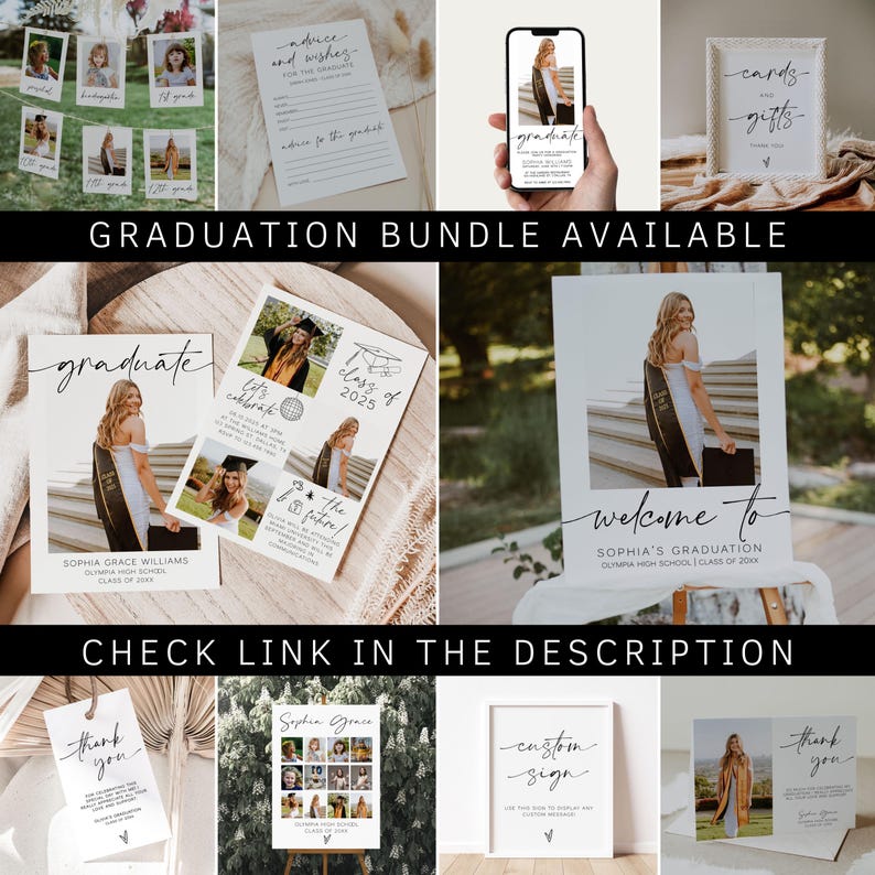 May include: A graduation party printable bundle with a variety of signs, cards, and photo templates. The signs include a welcome sign, a custom sign, and a thank you sign. The cards include a thank you card and a card for cards and gifts. The photo templates include a photo collage and a photo template for a graduate.