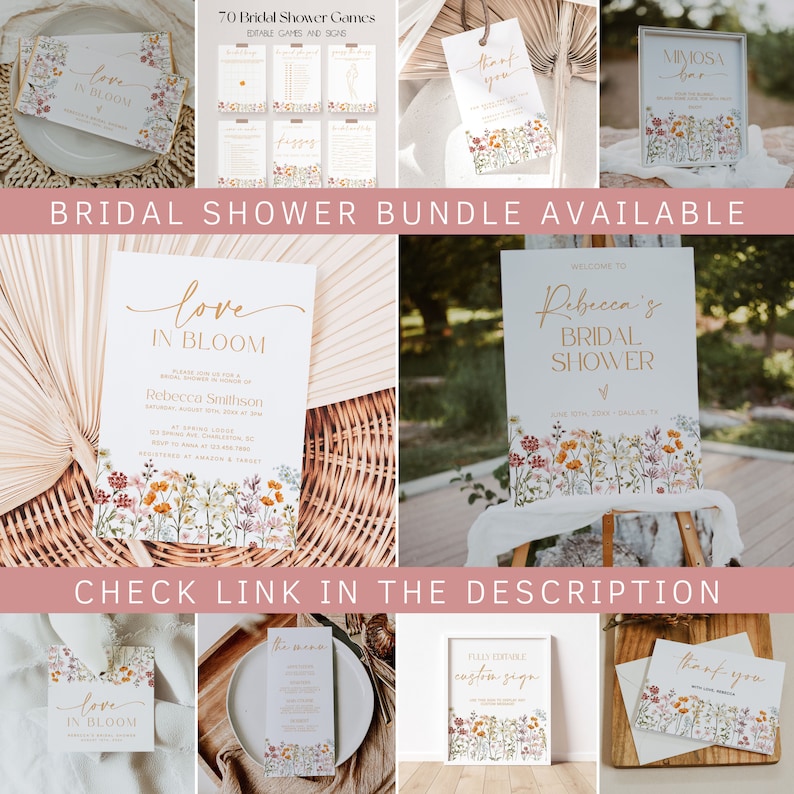 May include: A collection of bridal shower stationery and signage with a floral theme. Includes invitations, games, a welcome sign, and thank you cards. The text "Love in Bloom" and "Mimosa Bar" are visible. The text "Bridal Shower Bundle Available" and "Check Link in the Description" are also visible.
