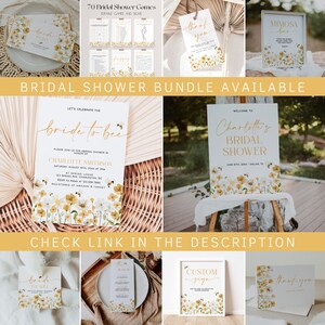 K&ouml;nnte beinhalten: Ein Brautparty-Paket mit Bienen- und Blumenmotiv. Das Paket beinhaltet ein Willkommens-Schild, ein Mimosa-Bar-Schild, ein Dankesch&ouml;n-Schild, ein individuelles Schild, ein Braut-zu-sein-Schild, eine Einladung zur Brautparty und ein Set mit Brautparty-Spielen. Die Schilder und die Einladung zeigen ein Aquarell-Design mit gelben Blumen und Bienen.