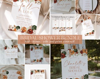 Fall in Love Bridal Shower Invitation Bundle, Fall Bridal Shower Invitation and Games Bundle, Boho Fall Pumpkin Bridal Shower Games | MAPLE