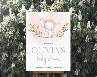 Pink Elephant Baby Shower Welcome Sign Template (Digital Download)