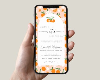 Plantilla de invitación digital para baby shower con temática naranja, invitación cítrica (descarga digital) / CUTIE