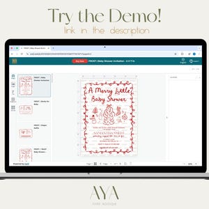 May include: A laptop screen shows a baby shower invitation design with red text and illustrations. The invitation reads "A Merry Little Baby Shower" and includes the text "Try the Demo! link in the description."