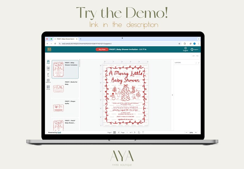 May include: A laptop screen shows a baby shower invitation design with red text and illustrations. The invitation reads "A Merry Little Baby Shower" and includes the text "Try the Demo! link in the description."
