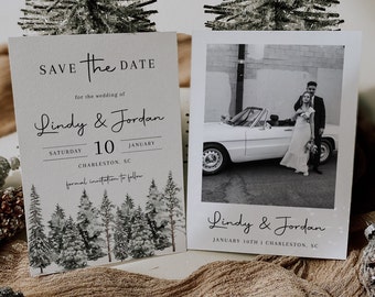 Pine Save the Date Template, Winter Woodland Save the Date, Rustic Wedding Date, Save our Date Card, Photo Save the Date, | LINA