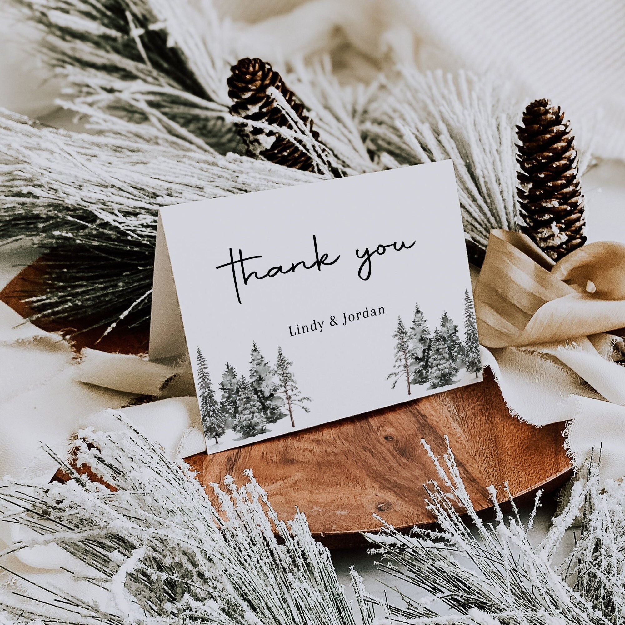 Pine Tree Thank You Cards Template, Woodland Wedding Thank You Card ...