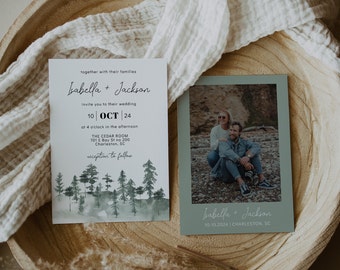 Pine Tree Wedding Invitation Template, Mountain Wedding Invitation Printable, Forest Wedding Invite, Photo Wedding Invitation Boho | MAE