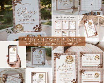 May include: A baby shower bundle with a coffee theme. Includes a welcome sign, thank you cards, games, and invitations. The designs feature coffee beans, a coffee cup, and a brown and white checkered pattern. The text reads "Olivia's Baby Shower".