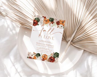 May include: A rectangular invitation card featuring the text fall IN LOVE and event details for Rebecca Smithson. The design includes watercolor illustrations of orange, green, and white pumpkins with autumn foliage at the top and bottom edges.