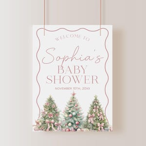 Pink Christmas Baby Shower Welcome Sign, Merry Little Baby Shower Welcome Poster, Winter Welcome Sign, Holiday Baby Shower Sign | BELLE image 2