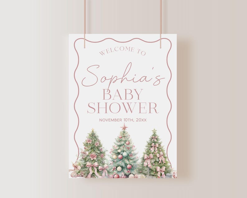 Pink Christmas Baby Shower Welcome Sign, Merry Little Baby Shower Welcome Poster, Winter Welcome Sign, Holiday Baby Shower Sign | BELLE image 2