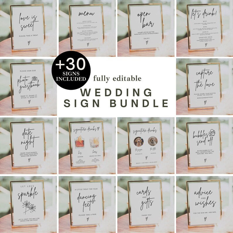 Minimalist Wedding Sign Bundle, Modern Reception Decor (Digital Download) image 1