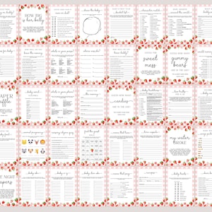Peut inclure: Un ensemble de 25 cartes de jeu de baby shower imprimables avec un motif de fraises rose et blanc. Les jeux incluent "Baby Bingo", "How Big is Her Belly", "Guess the Candy", "Late Night Diapers", et plus.