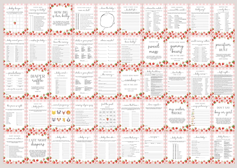 Peut inclure: Un ensemble de 25 cartes de jeu de baby shower imprimables avec un motif de fraises rose et blanc. Les jeux incluent "Baby Bingo", "How Big is Her Belly", "Guess the Candy", "Late Night Diapers", et plus.