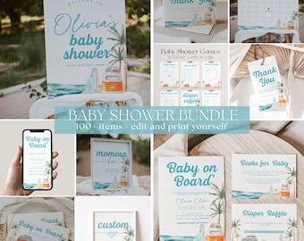 May include: A baby shower bundle with 100 items, featuring a beach theme. Includes signs, games, and cards with illustrations of a vintage van, palm trees, and ocean waves. The text includes "Olivia's baby shower" and "Baby on Board."